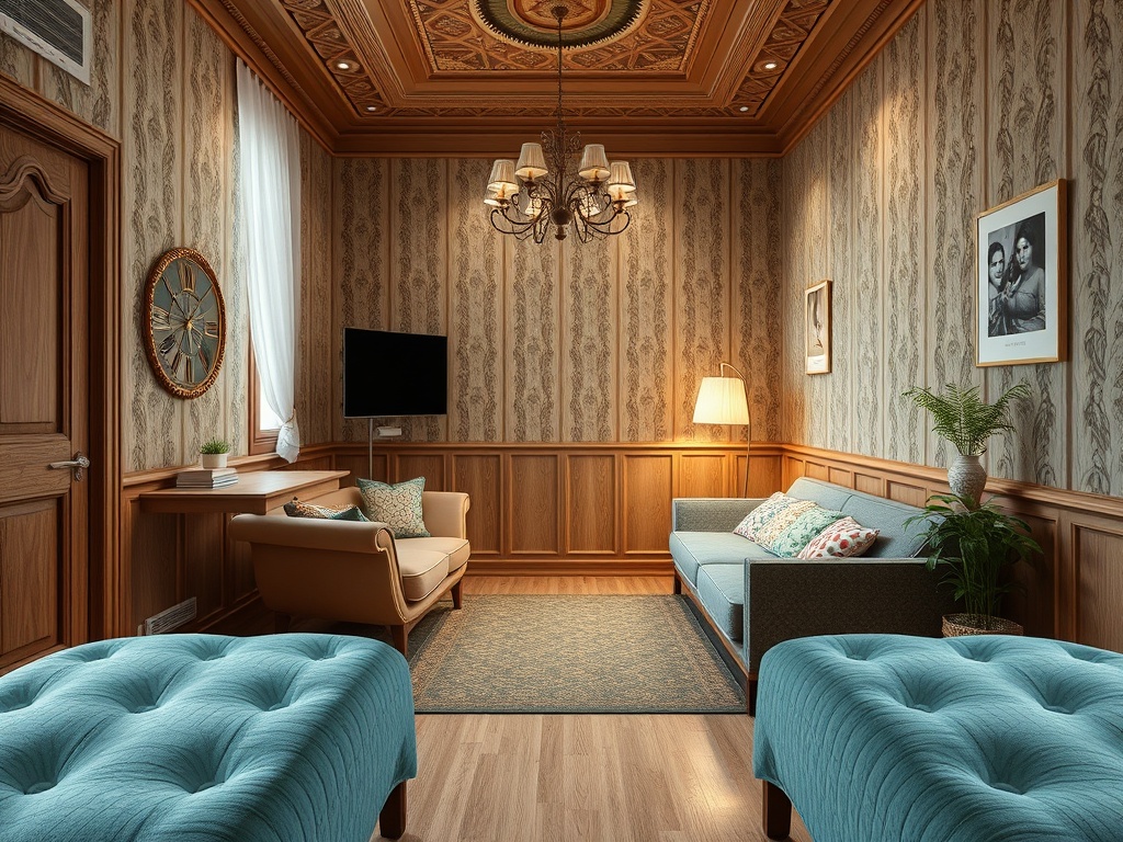 Уютная комната с деревянными стенами, диванами и стильной люстрой. Настенное искусство создает атмосферу уюта.