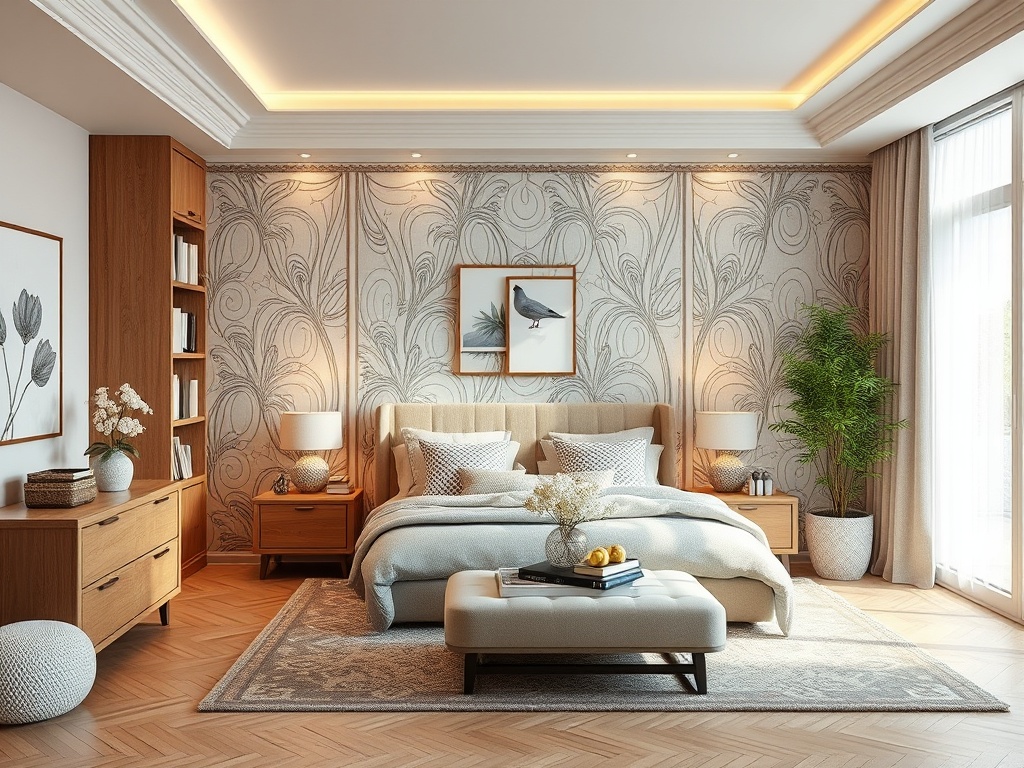 Современная спальня с уютной кроватью, книжным шкафом и зелеными растениями. Теплые тона и стильный декор.