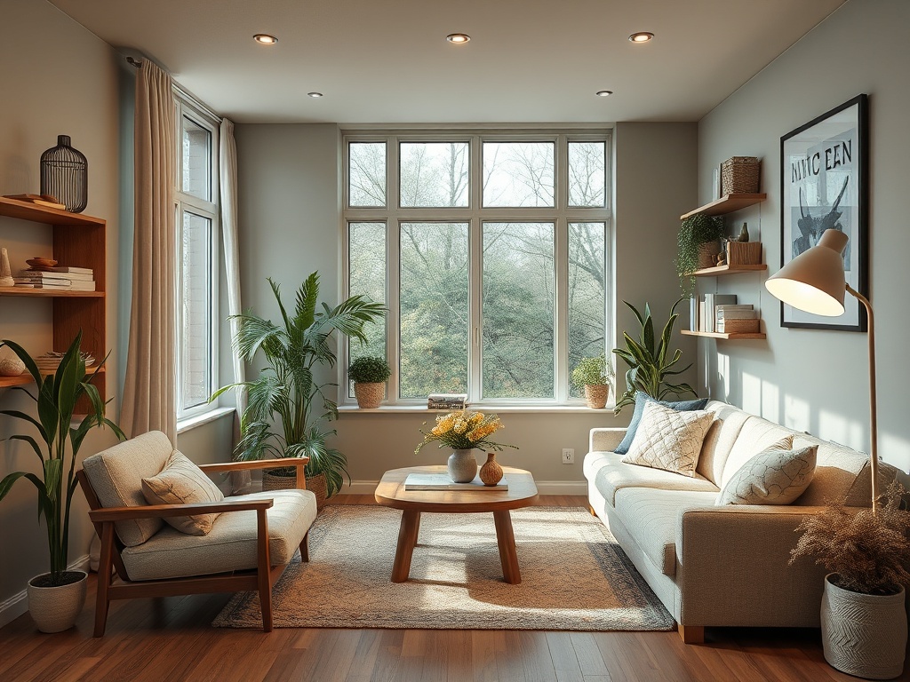 Современная гостиная с мягкой мебелью и зелеными растениями у больших окон с видом на природу.