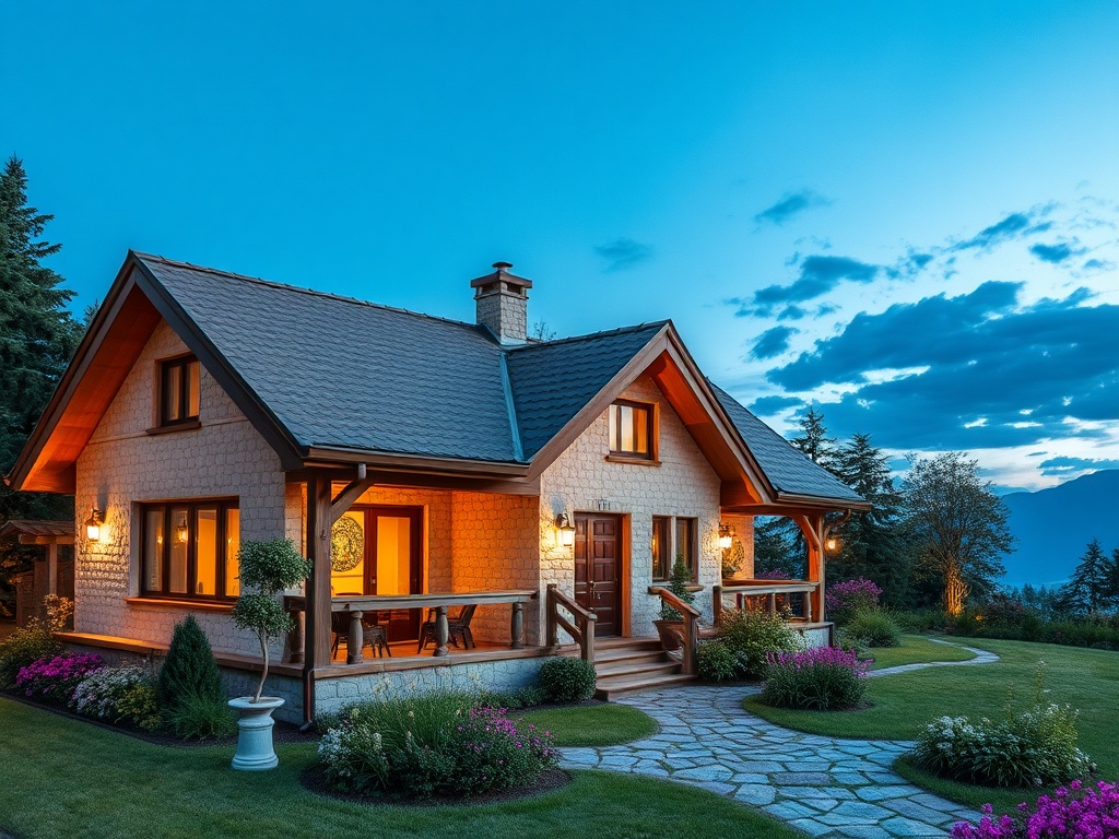 Современный загородный дом с освещённой верандой и красивым садом на фоне вечернего неба.