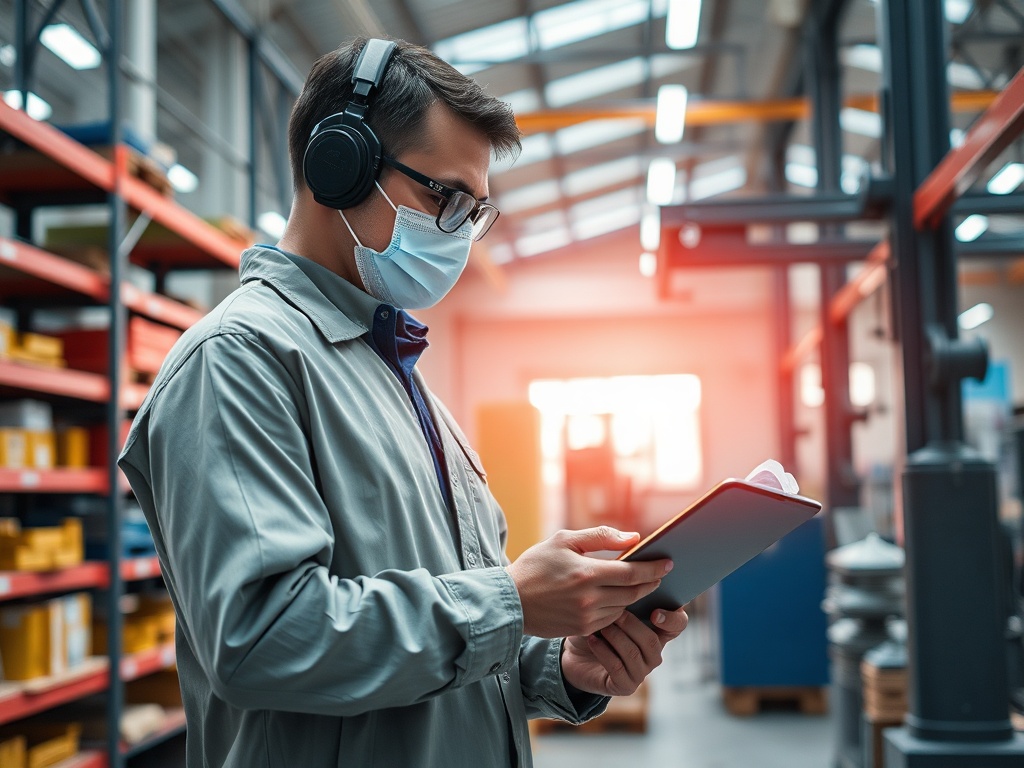 Мужчина в наушниках и маске использует планшет на фоне склада с полками и коробками.