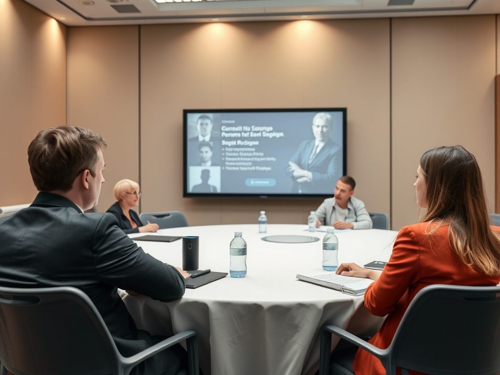 Четыре человека на деловой встрече перед экраном, обсуждают презентацию или проект.