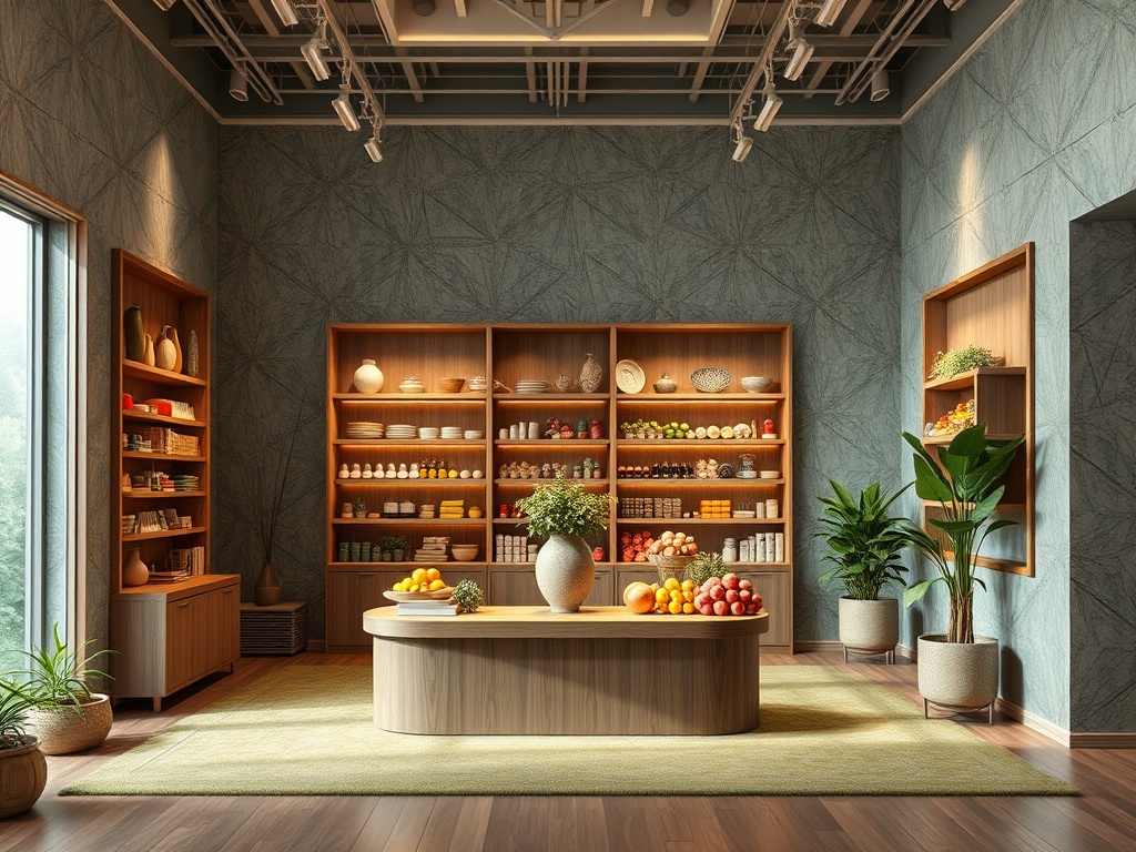 Современный магазин с полками, наполненными продуктами, на фоне зелёных растений и уютного интерьера.