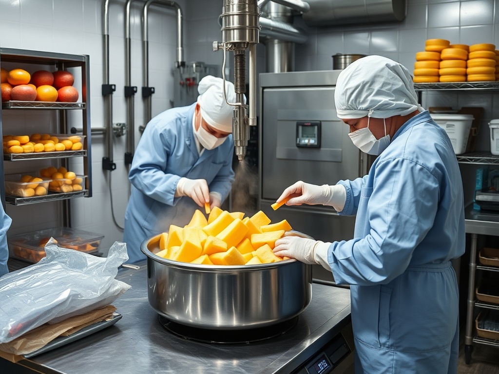 Рабочие в производственной кухне нарезают сыр для дальнейшей переработки. На заднем плане видны сыры на полках.
