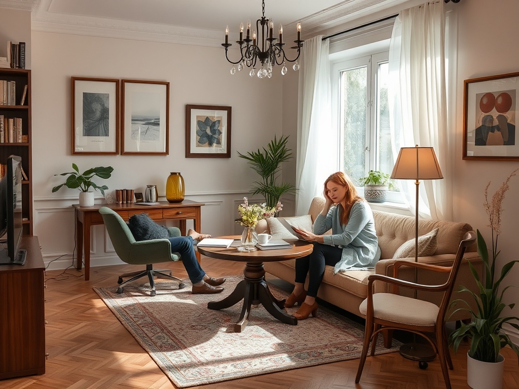 Современная гостиная с уютной мебелью, где женщина читает, а мужчина сидит за столом. Живописный интерьер.