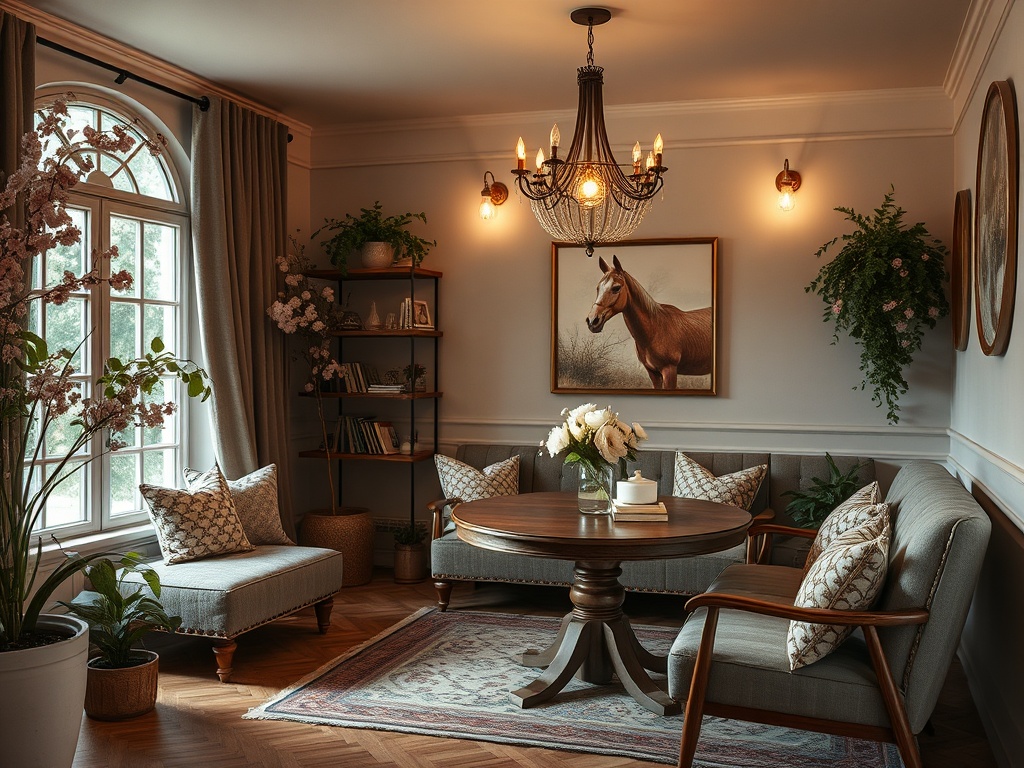 Уютная комната с диваном, креслом, цветами и изображением лошади на стене. Теплый свет и растение на полке.