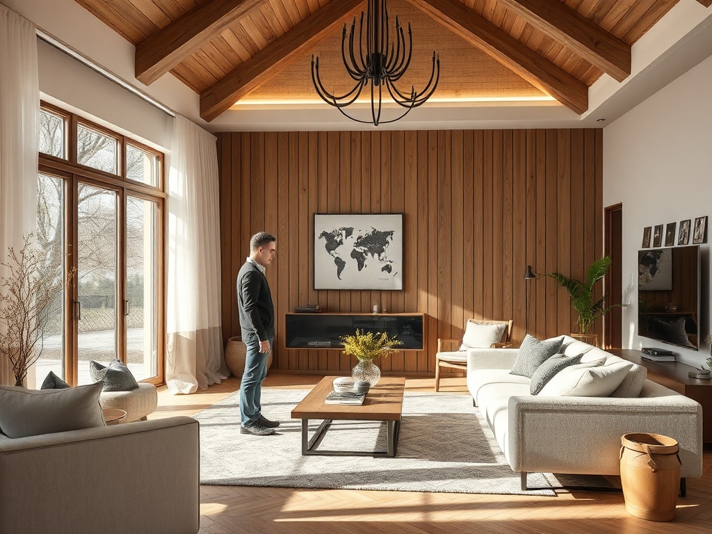 Современный интерьер гостиной с деревянными стенами, уютной мебелью и картой мира на стене.