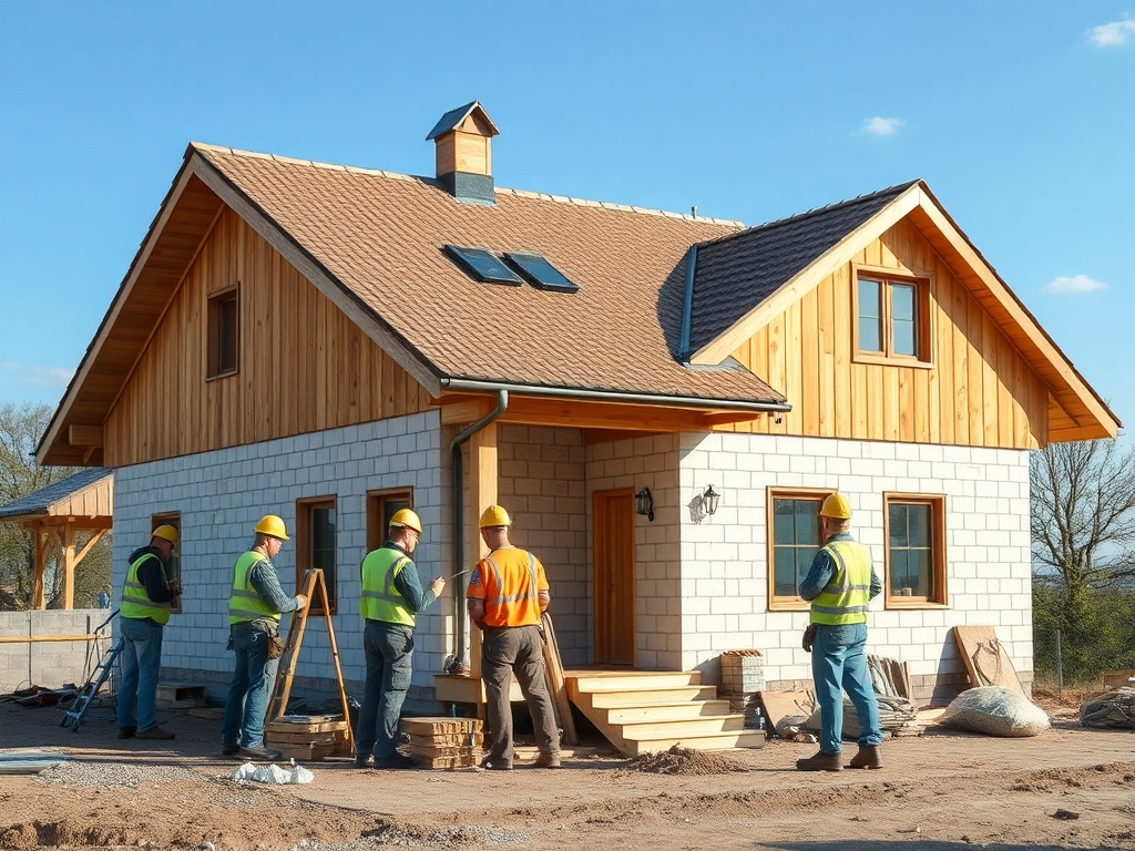 Строители обсуждают проект нового дома. На заднем плане виден завершённый фасад здания.