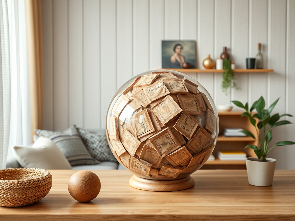 На столе находится прозрачный глобус с деревянными квадратиками и круглый деревянный шар. Интерьер уютный.
