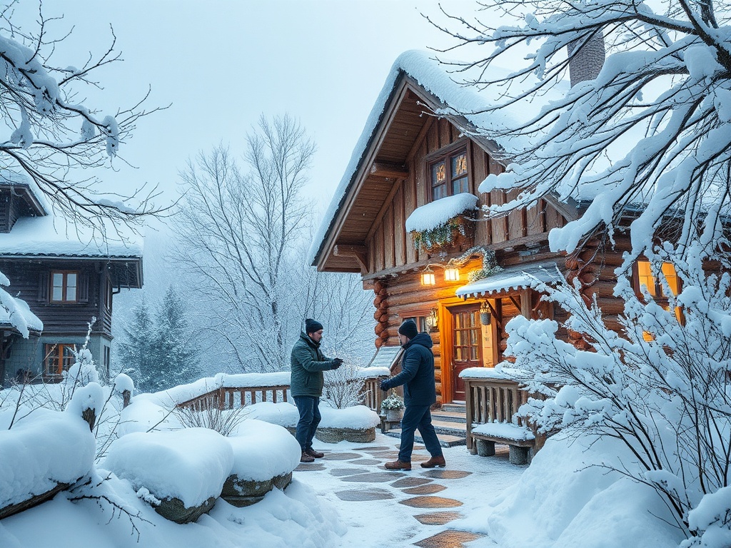 Два человека обмениваются приветствиями у деревянного дома в снежном зимнем пейзаже. Снег повсюду.
