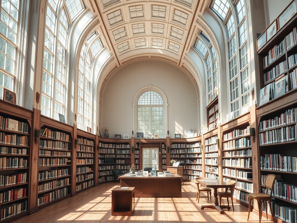 Светлое библиотечное помещение с высокими окнами и полками, заполненными книгами. Удобные столы и стулья.