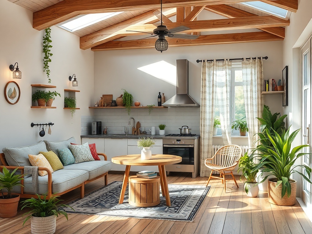 Светлая комната с кухней, мягким диваном, большим столом и зелеными растениями в уютной обстановке.