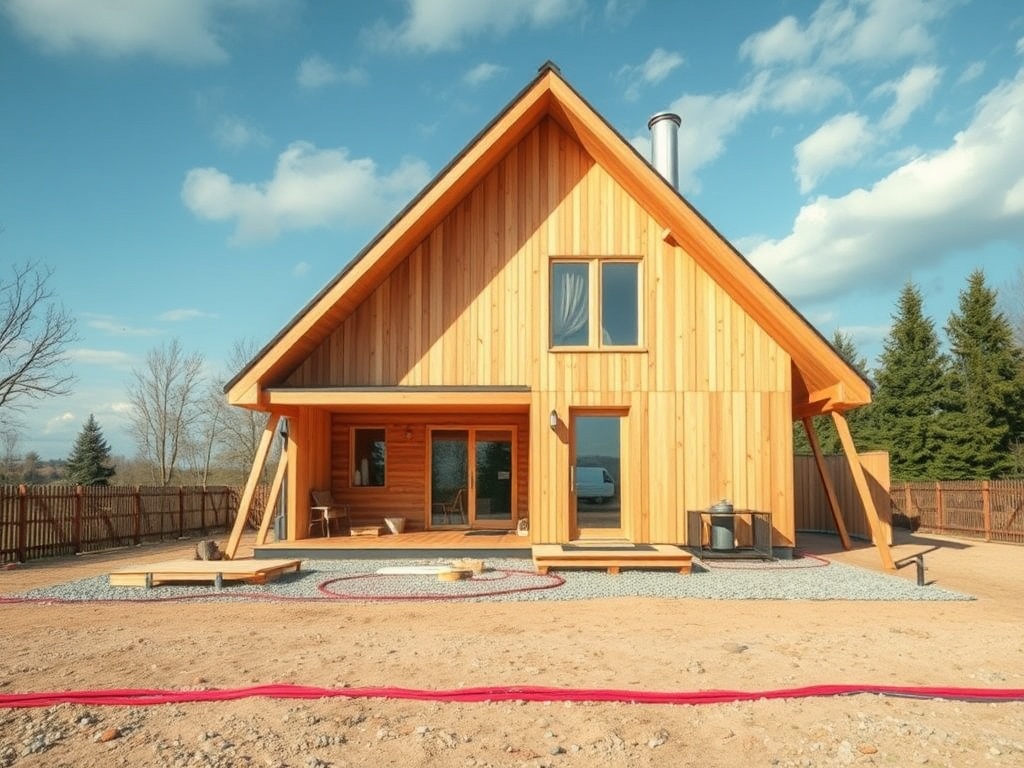 Современный деревянный дом с двускатной крышей и открытой террасой, окружённый природой и зелеными деревьями.