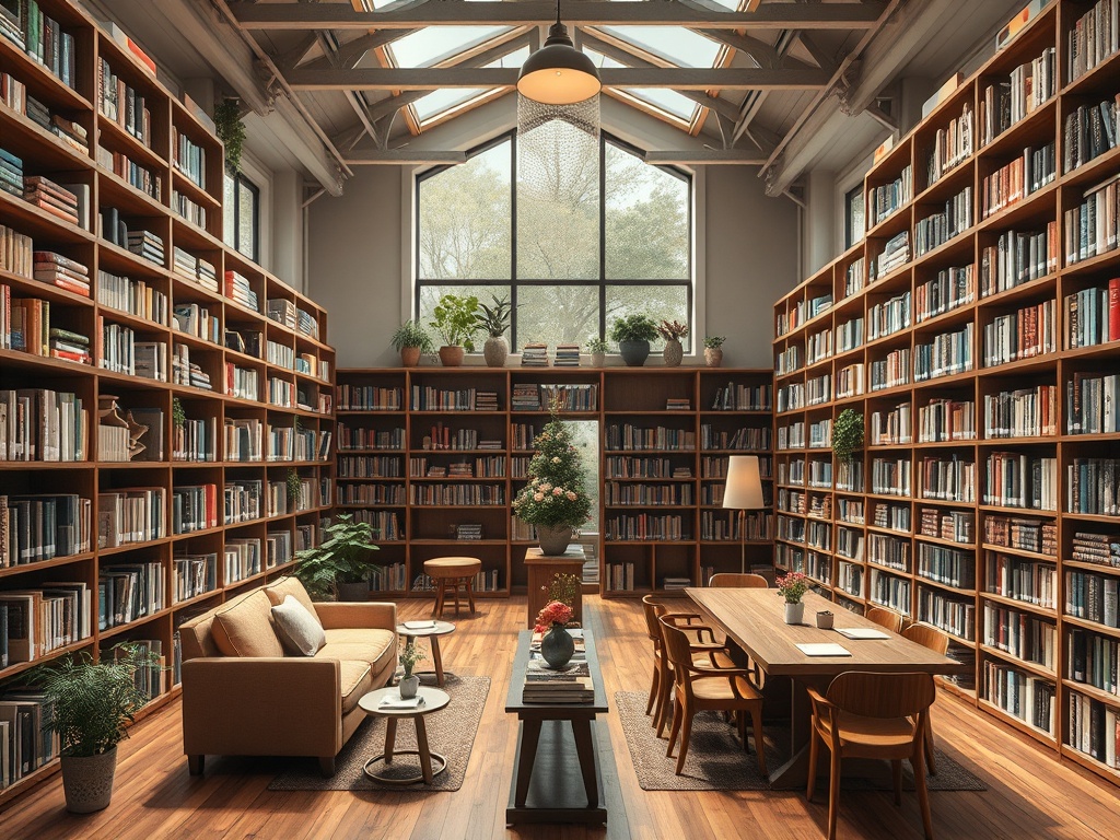 Комфортабельная библиотека с деревянными книжными полками, уютной мебелью и большими окнами, наполненная светом.