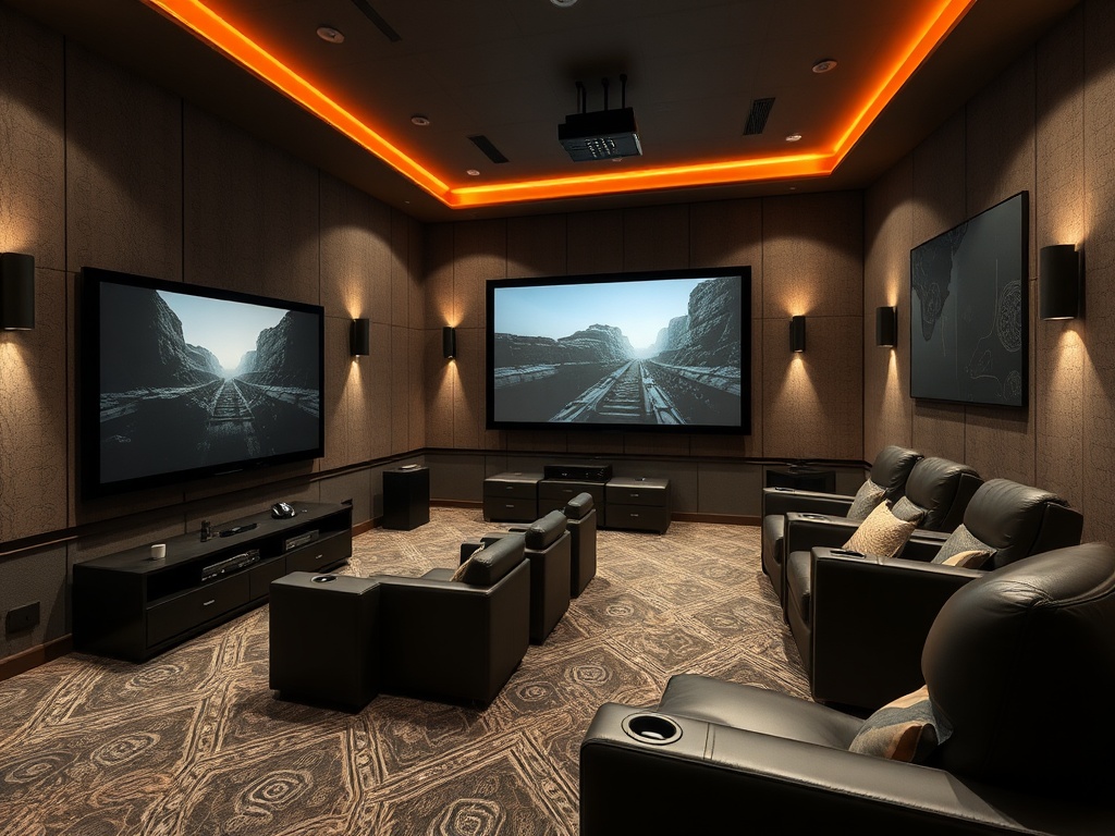 Современный домашний кинотеатр с большими экранами и удобными креслами для комфортного просмотра фильмов.