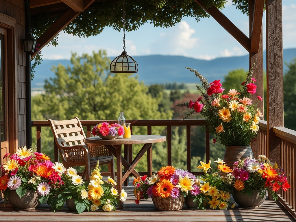 На террасе стоят цветы в горшках, стол с напитками, красивый вид на природу и горы вдали.