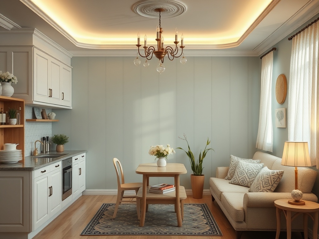 Современный интерьер комнаты с кухней, столом, диваном и декоративными элементами. Светлые тона и уютная атмосфера.