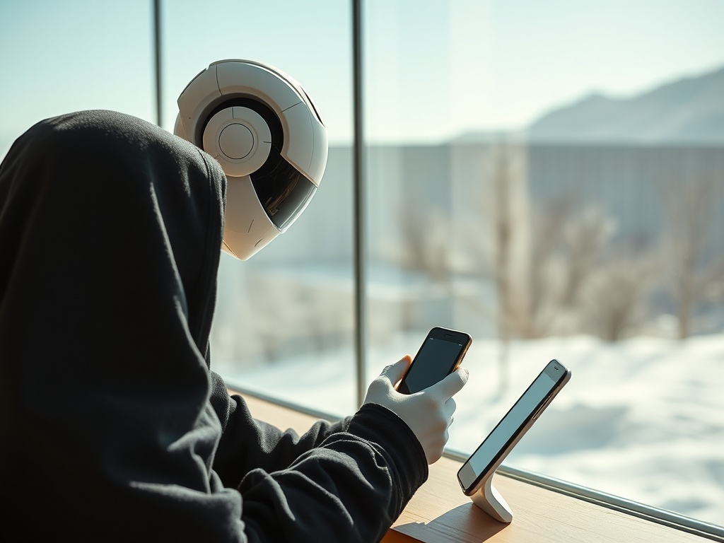 Человек в капюшоне с роботизированной головой использует смартфоны у окна, за которым виден снежный пейзаж.
