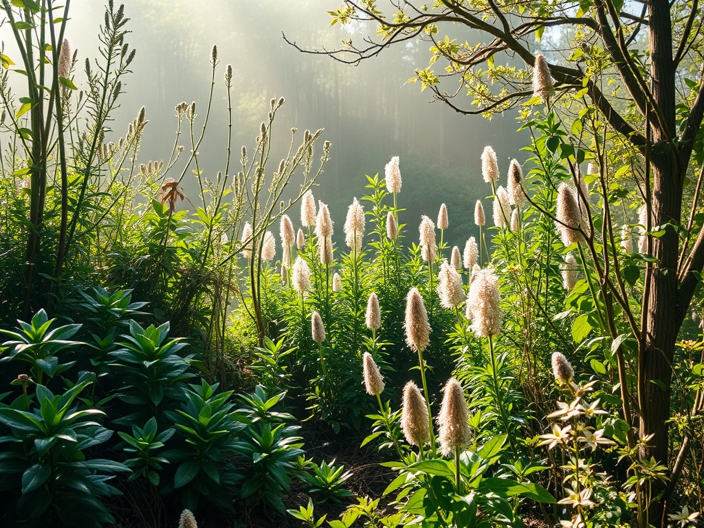 Светлое утро в лесу, вокруг зелень и цветы с пушистыми соцветиями, окутанные легким туманом.