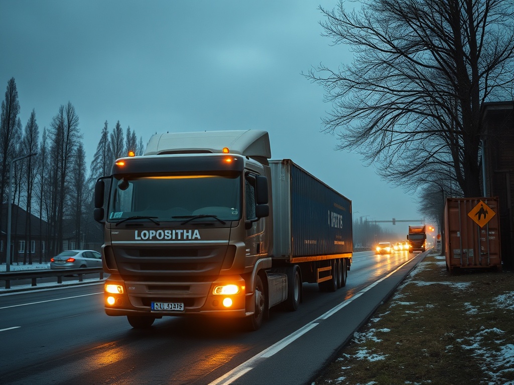 Грузовик на дороге в вечернее время, атмосфера спокойствия и светлых огней. Холодная погода, серое небо.