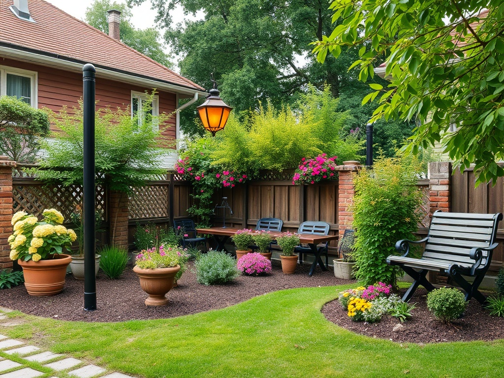 Уютный сад с цветами, лавочками и фонарем, окруженный зеленью и улыбающимся настроением.