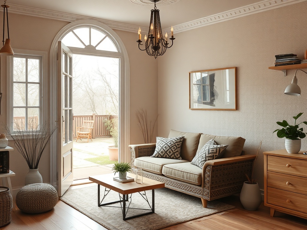 Уютная гостиная с диваном, столиком и выходом на террасу, оформленная в светлых тонах.