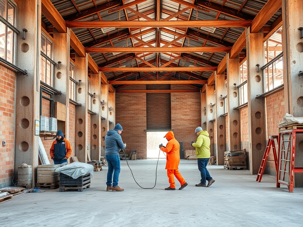 Четыре человека работают в большом помещении, готовят инструменты и материалы для стройки.