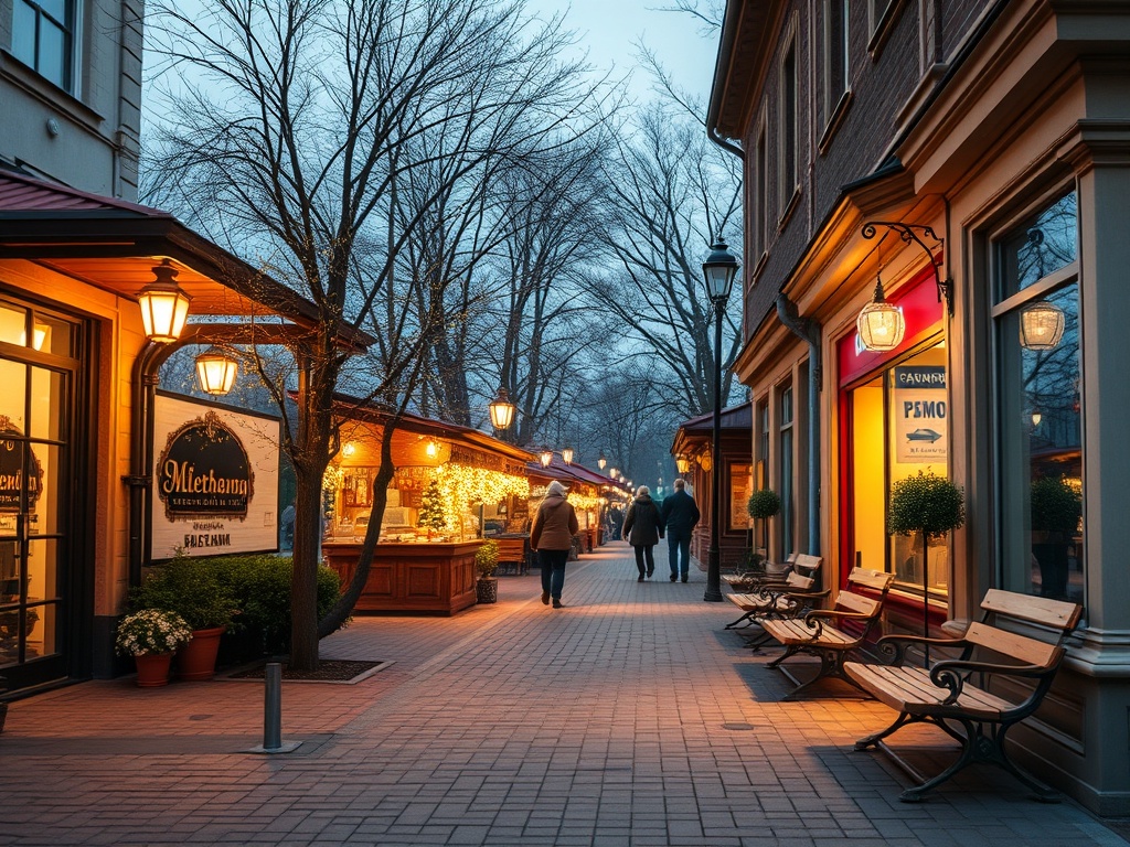 Уютная улочка с магазинами и яркими фонарями, вечернее освещение и люди, прогуливающиеся вдоль.