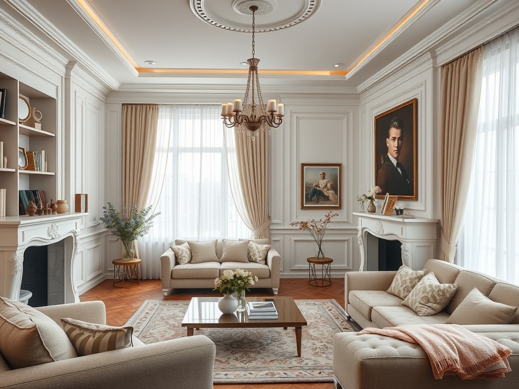 Современная гостиная с белыми стенами, мягкой мебелью и картины на стенах, яркий свет и уютная атмосфера.