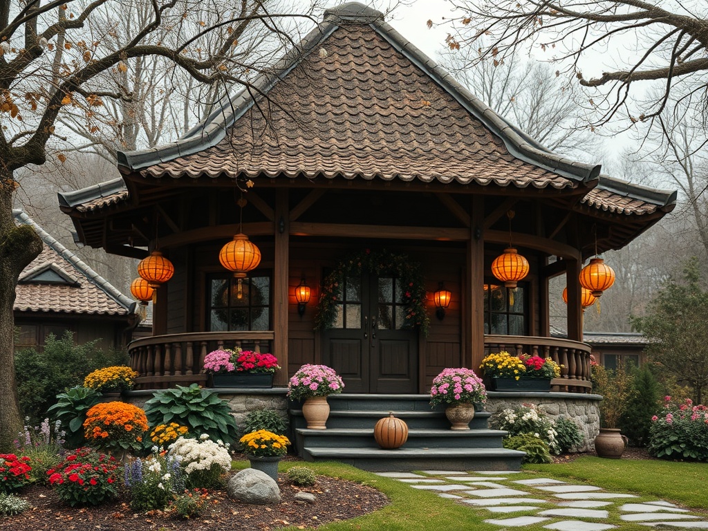 Уютный дом с круглыми окнами, украшенный цветами и фонариками, окружённый природой осени.