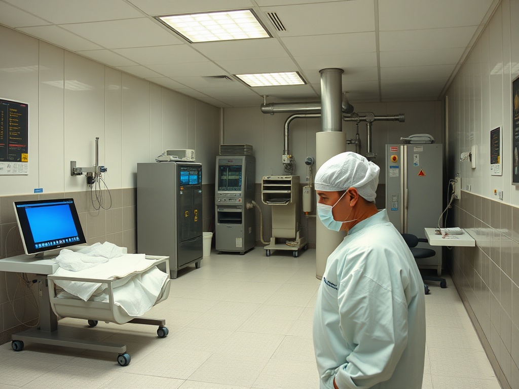 Медицинское помещение с врачом, оборудованием и пустой каталкой. Пространство чистое и современное.