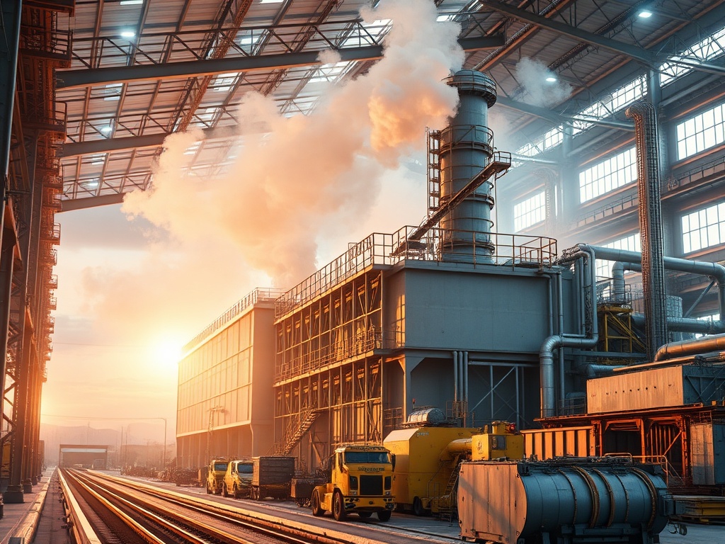 Промышленный завод на закате, дым выходит из трубы, рядом грузовые машины и рельсы.
