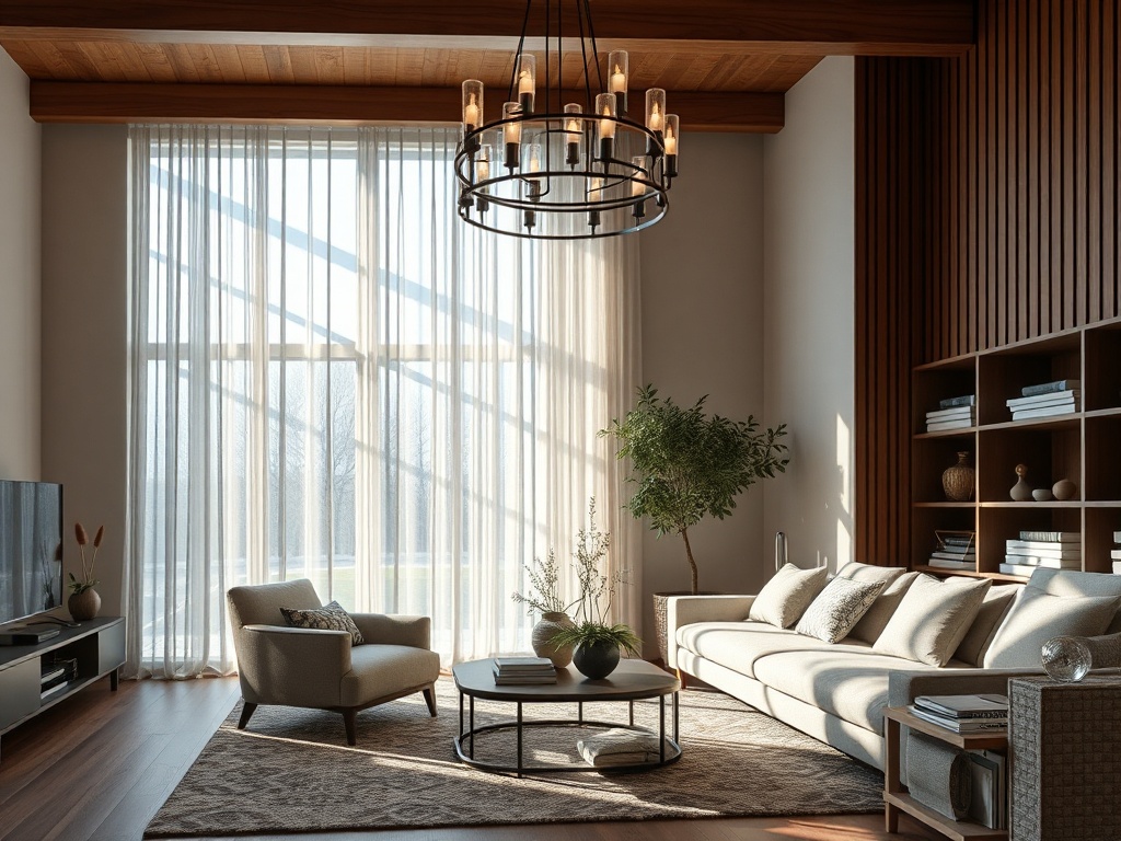 Светлая гостиная с большими окнами, удобной мебелью и зелеными растениями, создающая уютную атмосферу.