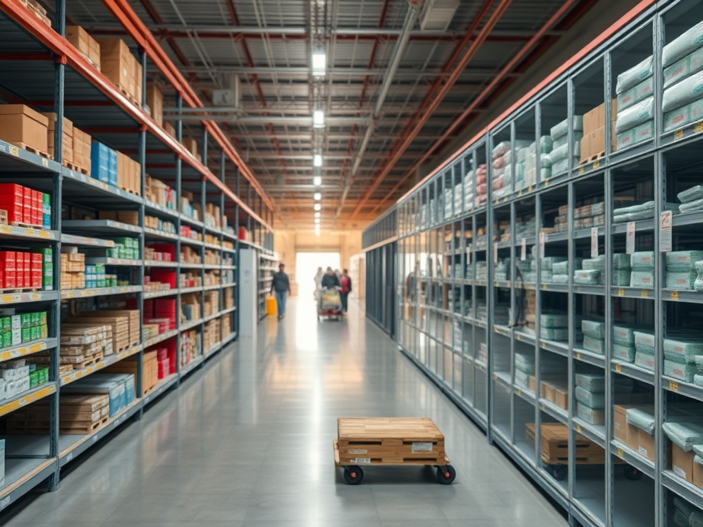 Склад с высокими стеллажами, заполненными товарами, и тележкой на полу вдалеке. Люди занимаются покупками.