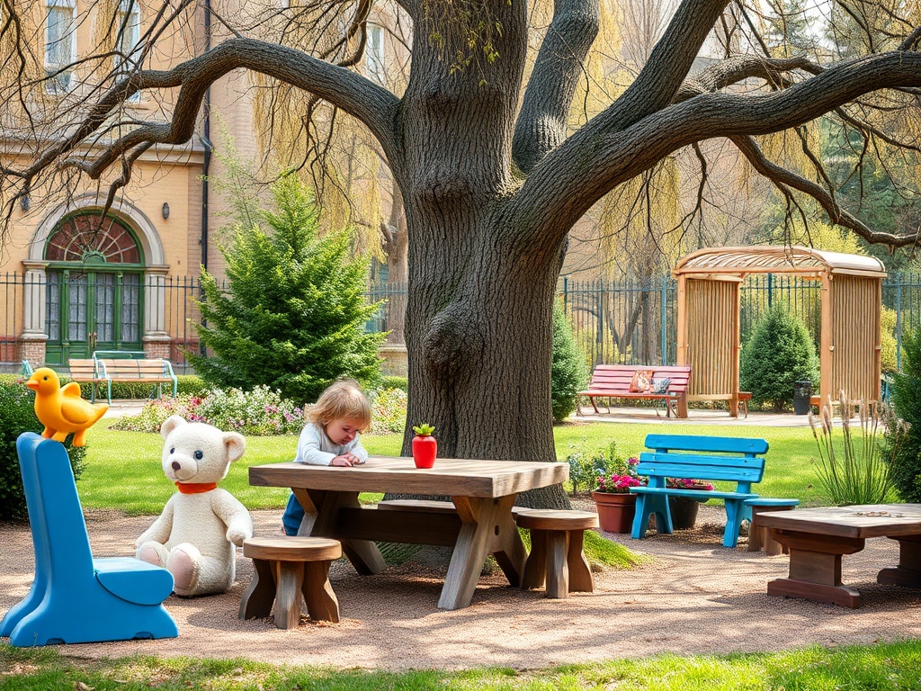 Девочка играет на детской площадке рядом с большой елкой и мягкими игрушками под ясным небом.