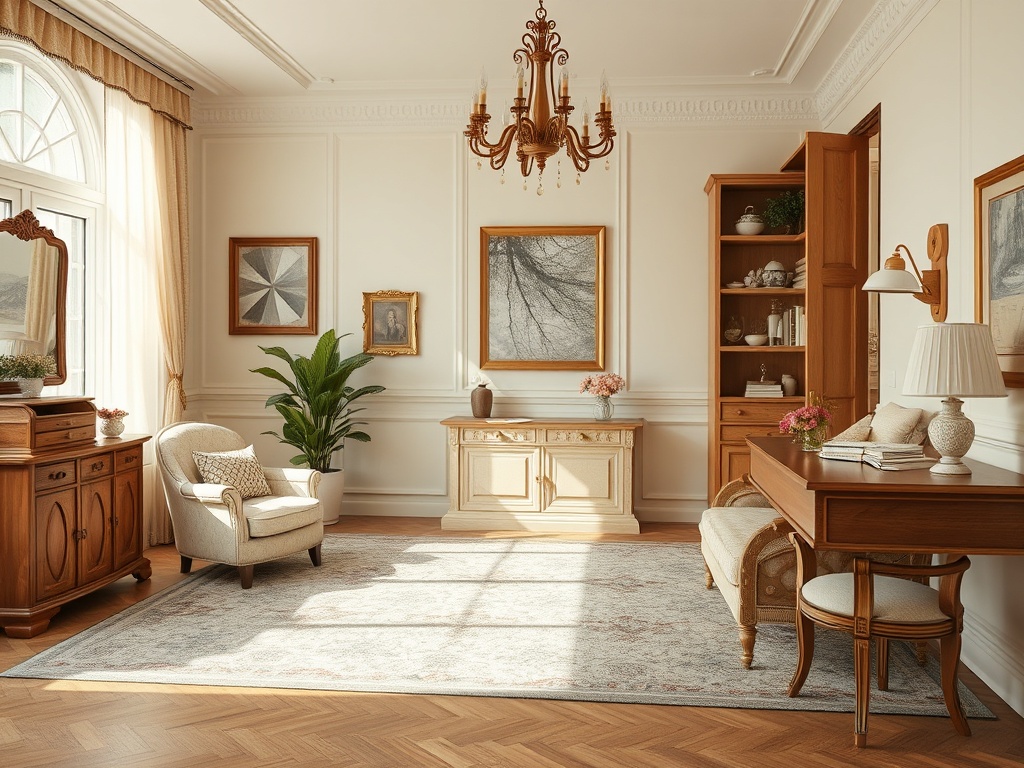 Светлая гостиная с деревянной мебелью, уютным креслом и книжным шкафом, освещенная солнечным светом.