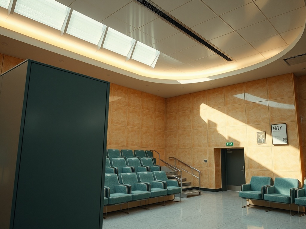 Светлое помещение с сиденьями, стенами цвета персика и большими окнами, создающими мягкое освещение.